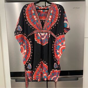 Trina Turk Yucateca Tunic Swim Cover Up Dress Med Black Multicolor Deep V-Neck